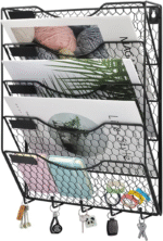 5 Tier Wall File Holder with Hook, Hanging Mail Organizer Metal Chicken Wire Wall Mount Magazine Rack with Label Panel, Black - Image 3