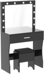 Vanity Desk, Makeup Vanity with Mirror and Lights, Adjustable Brightness and Sturdy Wood Vanity Large Drawer, 31.5In, Black - Image 5
