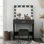 Vanity Desk, Makeup Vanity with Mirror and Lights, Adjustable Brightness and Sturdy Wood Vanity Large Drawer, 31.5In, Black - Image 2