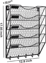 5 Tier Wall File Holder with Hook, Hanging Mail Organizer Metal Chicken Wire Wall Mount Magazine Rack with Label Panel, Black - Image 2