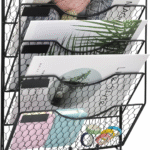 5 Tier Wall File Holder with Hook, Hanging Mail Organizer Metal Chicken Wire Wall Mount Magazine Rack with Label Panel, Black