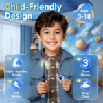 Kids Electric Toothbrush Rechargeable Age 3-5-6-12-18 Year Old, Sonic Toothbrush Kids with Timer 3 Modes 4 Vibrating Heads Habit Stickers Tooth Brush for Girls Boys and Childrens (Astronaut Black) - Image 2