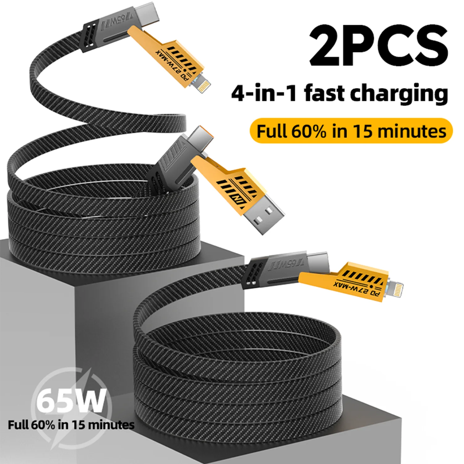 47458d3f91a43a777e7323b86ae7f139-3.png Firsting 2PCS 65W 4-In-1 Multi Cell Phone Data Cable Fast Charge 27WPD Charge Cord Charging Cable, Black - Image 1