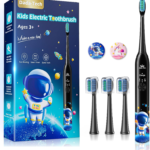 Kids Electric Toothbrush Rechargeable Age 3-5-6-12-18 Year Old, Sonic Toothbrush Kids with Timer 3 Modes 4 Vibrating Heads Habit Stickers Tooth Brush for Girls Boys and Childrens (Astronaut Black)