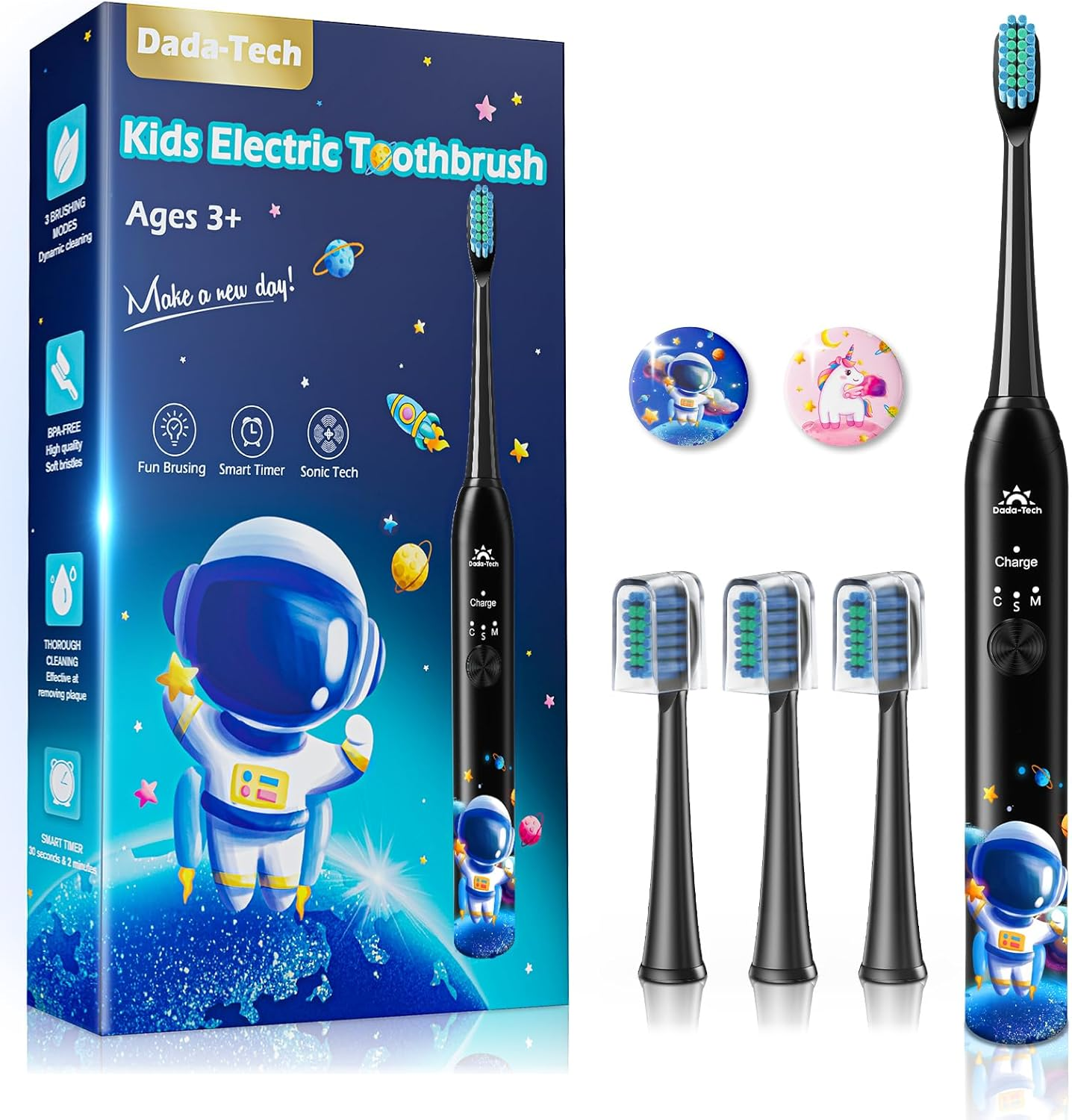 52813f0d83d3befb6350ede659c0fffd.png Kids Electric Toothbrush Rechargeable Age 3-5-6-12-18 Year Old, Sonic Toothbrush Kids with Timer 3 Modes 4 Vibrating Heads Habit Stickers Tooth Brush for Girls Boys and Childrens (Astronaut Black) - Image 1
