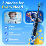 Kids Electric Toothbrush Rechargeable Age 3-5-6-12-18 Year Old, Sonic Toothbrush Kids with Timer 3 Modes 4 Vibrating Heads Habit Stickers Tooth Brush for Girls Boys and Childrens (Astronaut Black) - Image 4