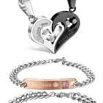 Jstyle 4Pcs Couple Necklace Bracelets Matching Set for Women Men Love Heart Pendant Necklace His & Hers Bracelets Couple Gift